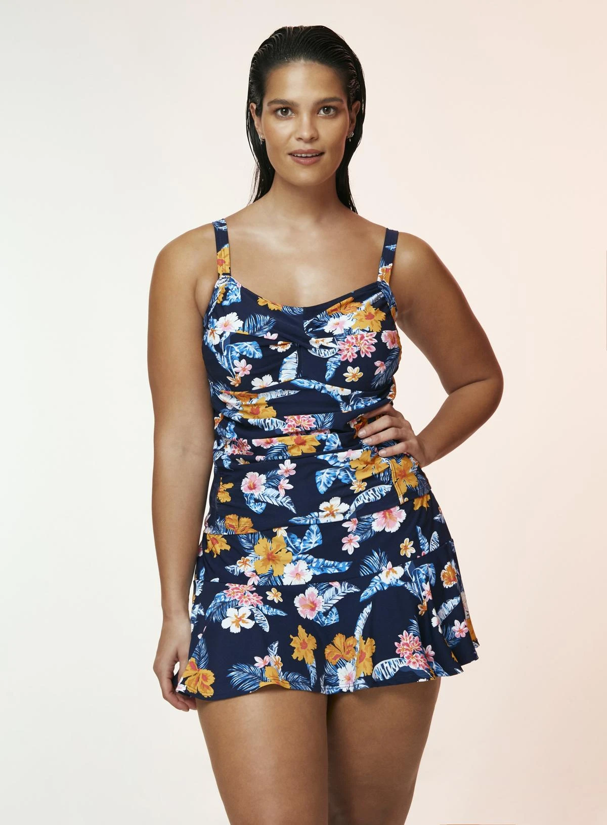 Evans Navy Ruched Tropical Print Tankini - Image 2