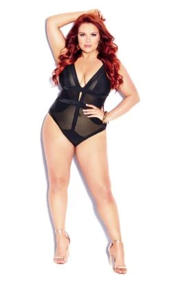 City Chic CCX Black Mesh Swimsuit With Plunge Neckline