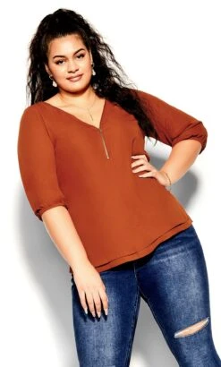 City Chic Brown Zip Front Top