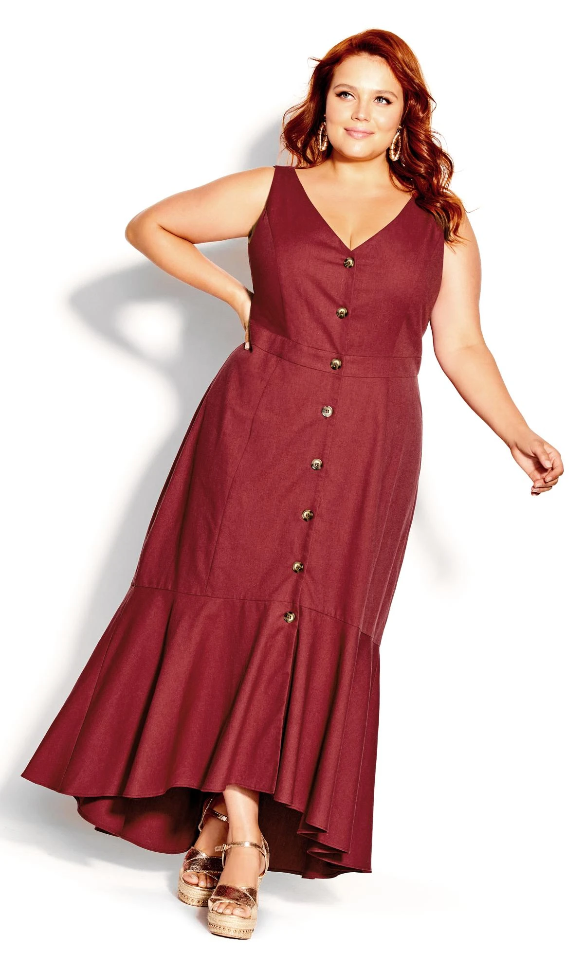 City Chic Red Sleeveless Button Front Maxi Dress