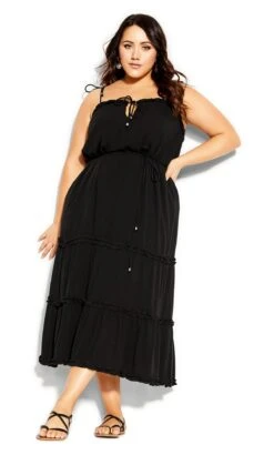 City Chic Black Fine Frill Maxi Dress
