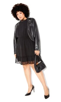City Chic Black Dobby Long Sleeve Mini Dress
