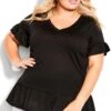 Avenue Black Frill Hem Short Sleeve T-Shirt