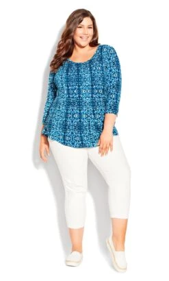 Avenue Blue Aztec Print Pleated Long Sleeve Top