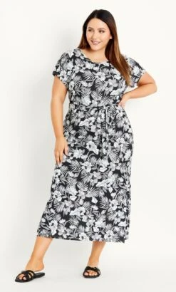 Evans Black & White Floral Print Maxi T-Shirt Dress