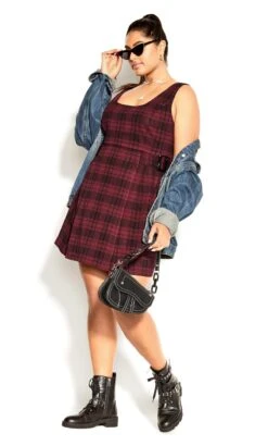 City Chic Dark Red Check Print Pinafore Dress