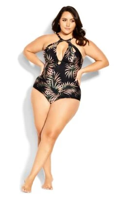 City Chic Black Palm Print Halter Swimsuit
