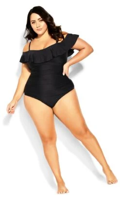 City Chic Black Ruffle Bardot Swimsuit