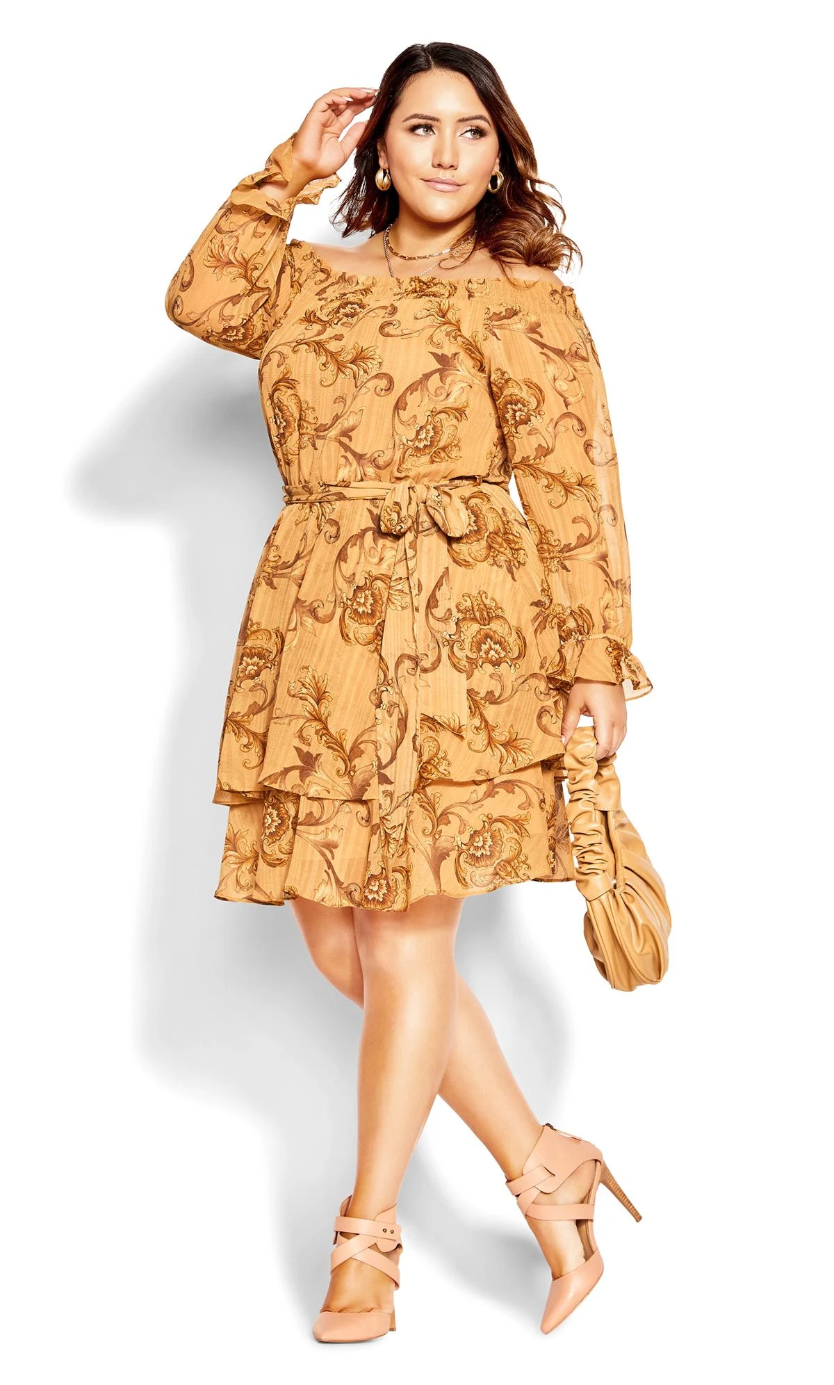 City Chic Yellow Paisley Print Sleeved Mini Dress