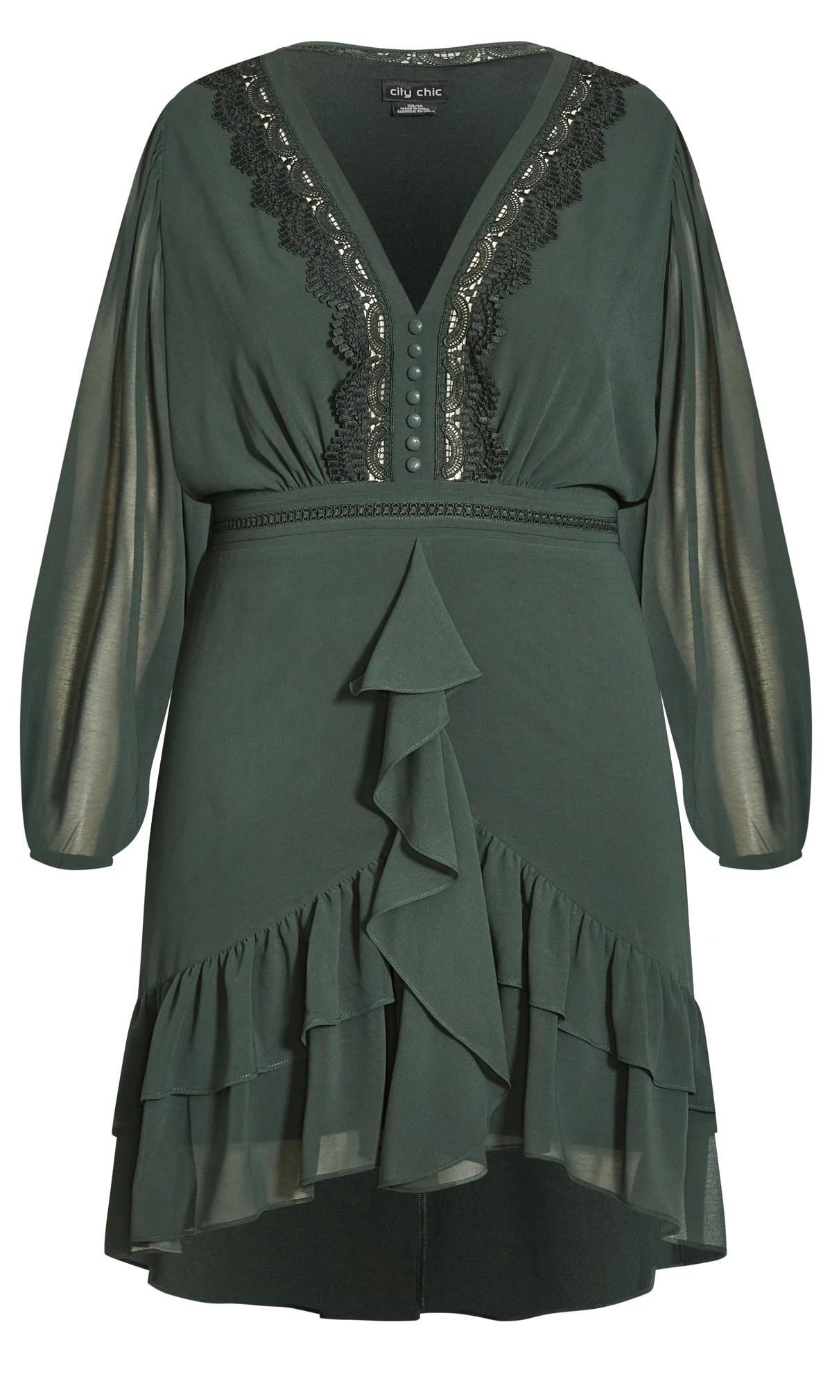 City Chic Green Ruffle & Lace Trim Mini Dress - Image 4