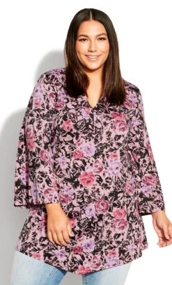 City Chic Arna York Pink Mixed Rose Print Swing Top