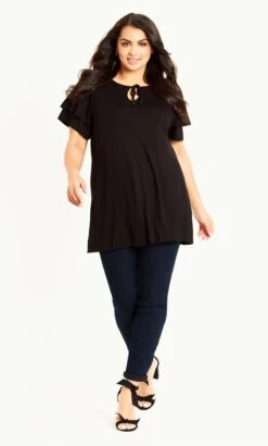 Evans Black Double Frill Sleeve Top