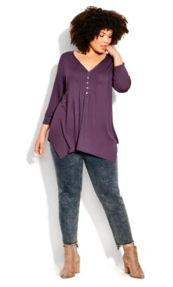 Avenue Evans Purple Half Plackett Split Hem Top