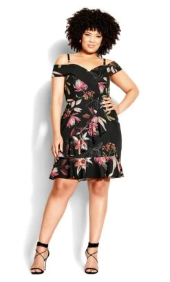 City Chic Black Floral Cold Shoulder Wrap Mini Dress