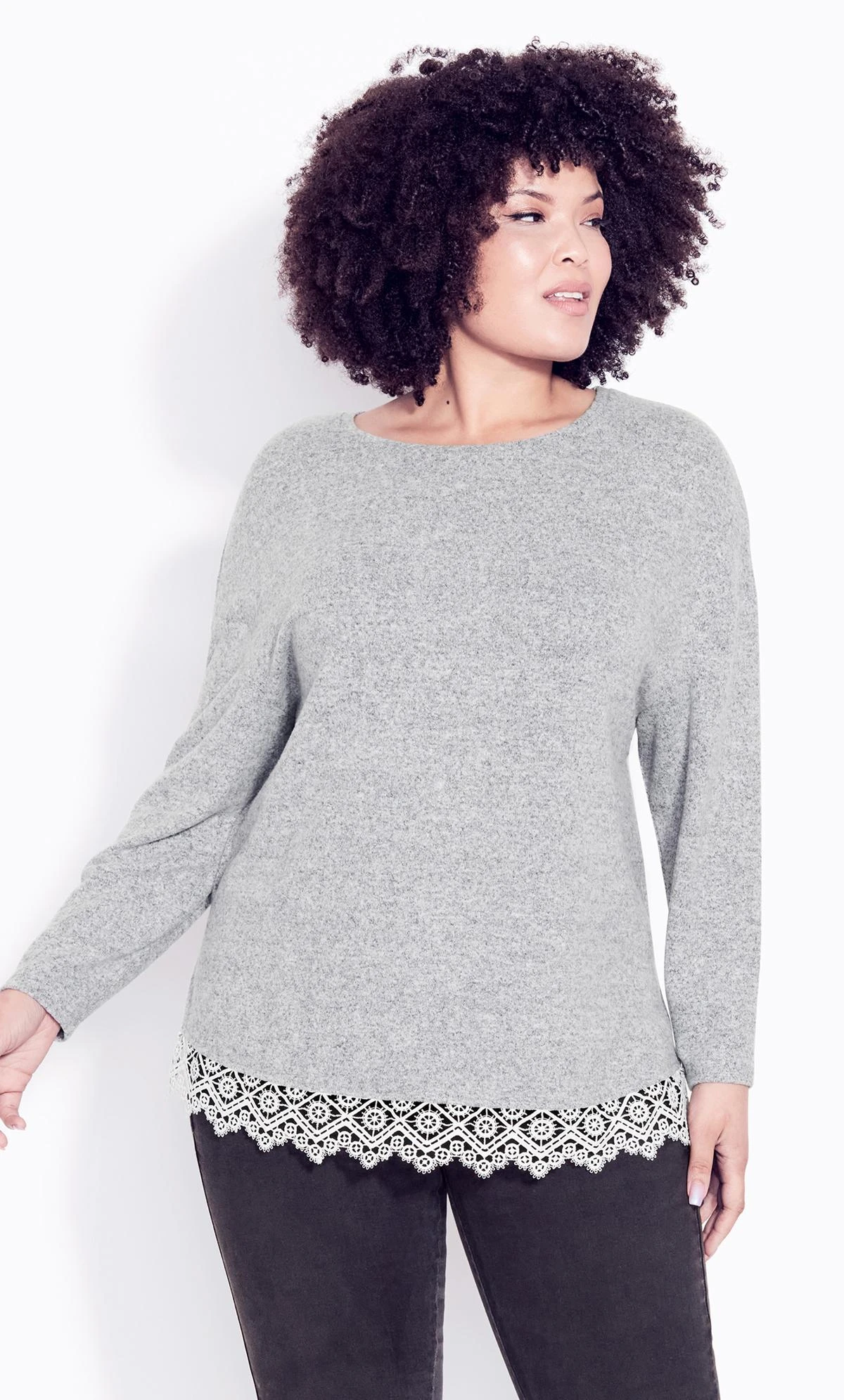Evans Grey Soft Touch Lace Hem Top - Image 2