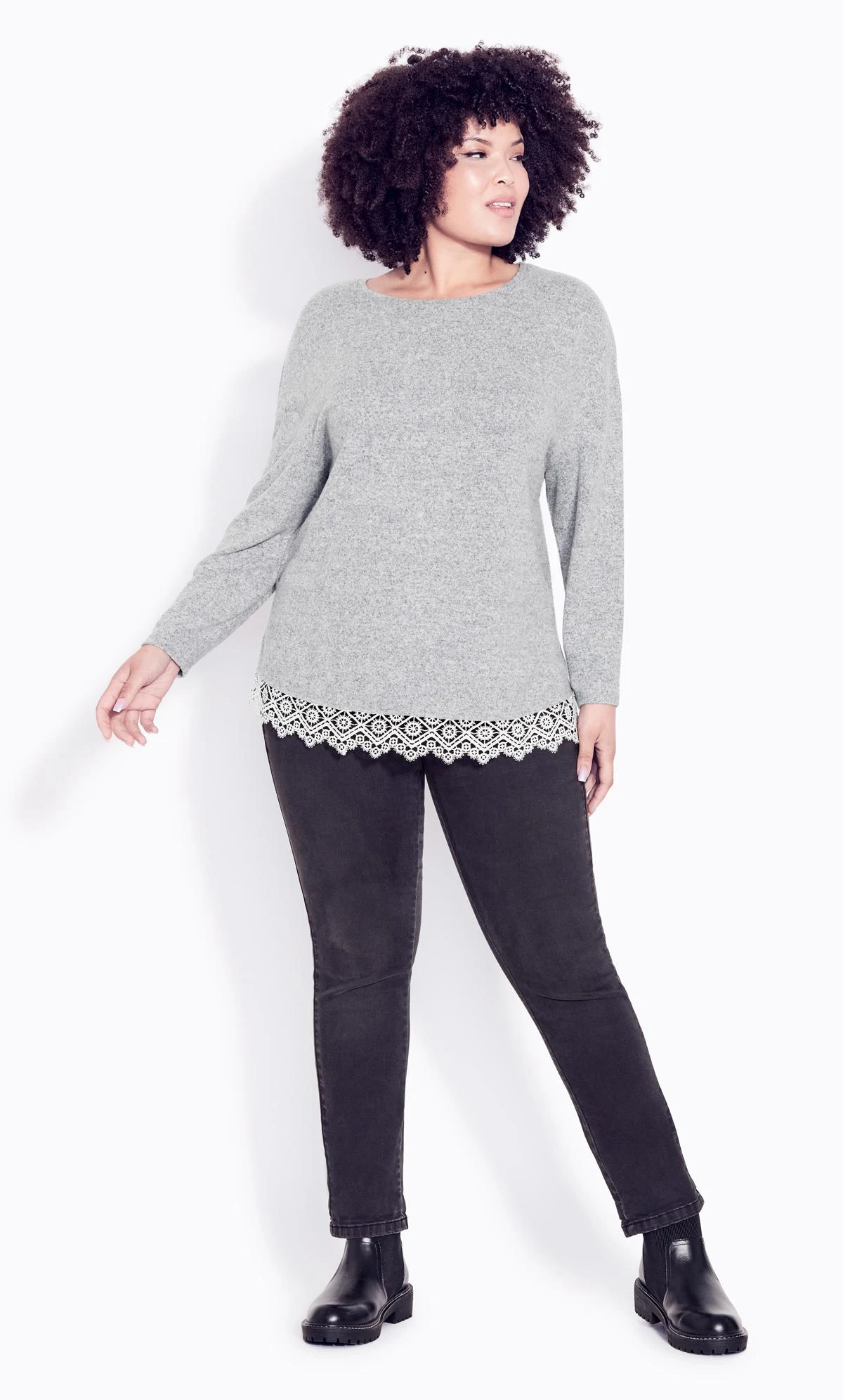 Evans Grey Soft Touch Lace Hem Top
