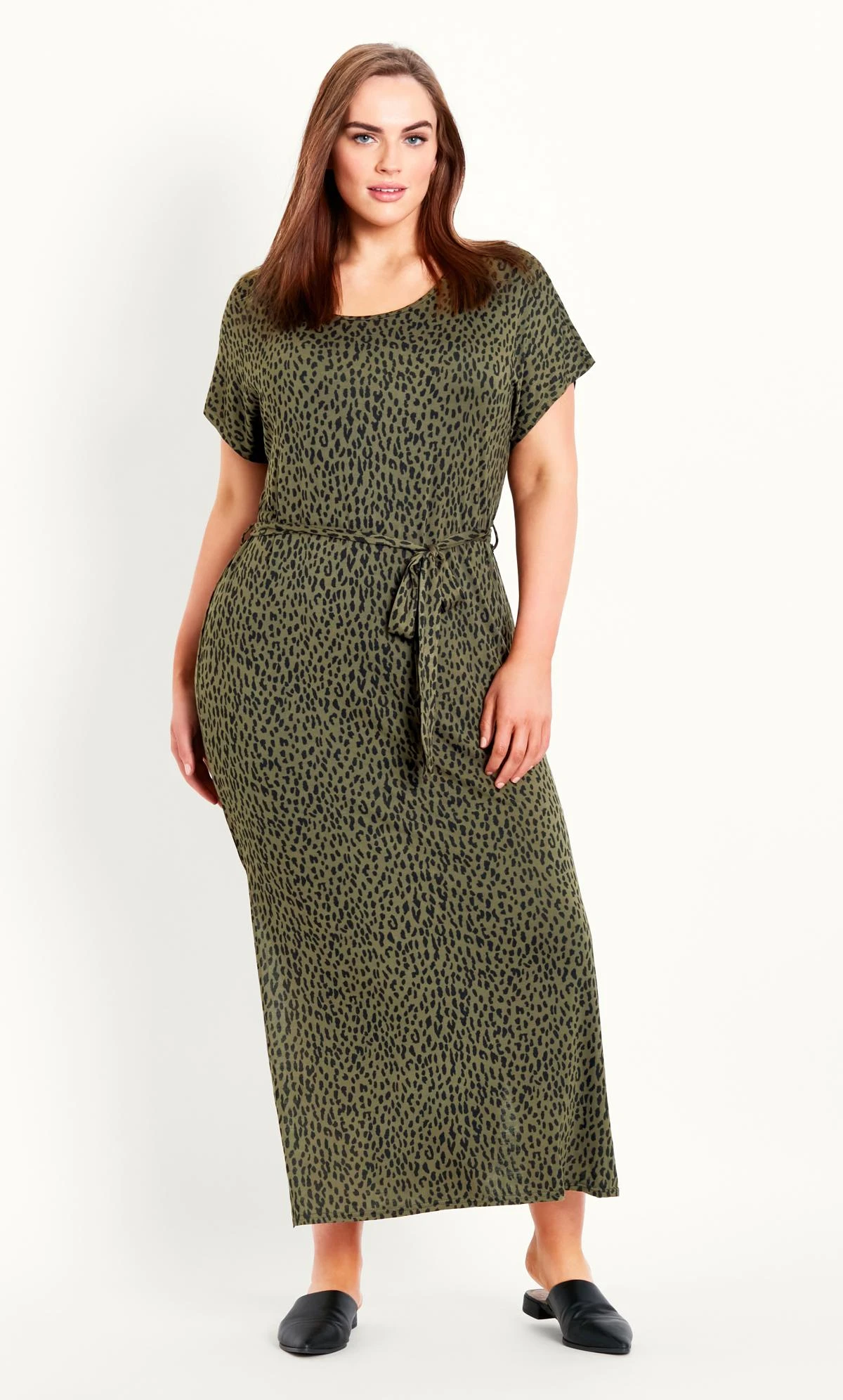 Evans Khaki Green Animal Print Tie Waist Maxi Dress