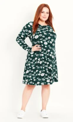 Evans Green & White Bold Floral Swing Dress