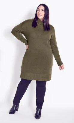 Avenue Khaki Green Knitted Roll Neck Jumper Dress