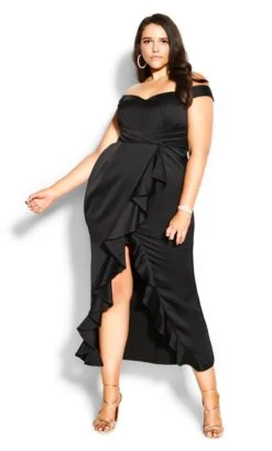 City Chic Black Bardot Ruffle Maxi Dress