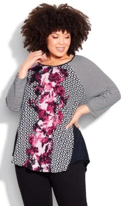 Avenue Black & Pink Floral & Mixed Stripe Long Sleeve Top