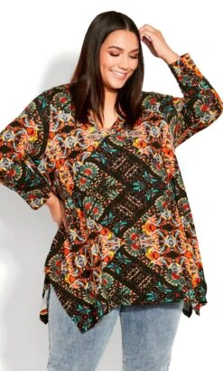 Avenue Black V-Neck Swing Print Top