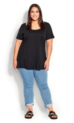 Avenue Black Studded Neck T-Shirt