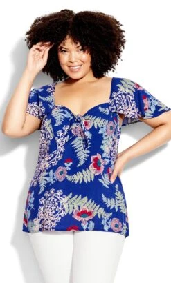 Avenue Blue Paisley Print Knot Front Top
