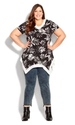 Avenue Black Leaf Print Hanky Hem Top