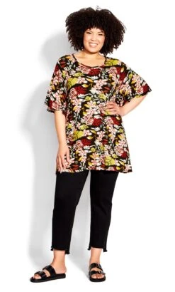 Avenue Black Leaf Print Flared Sleeve Top
