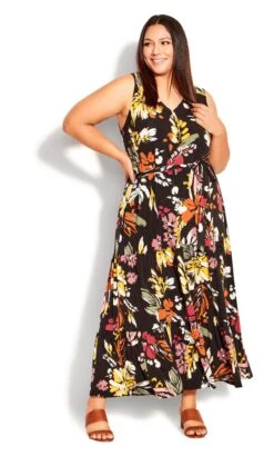 Avenue Black Floral Print Tie Waist Smock Maxi Dress
