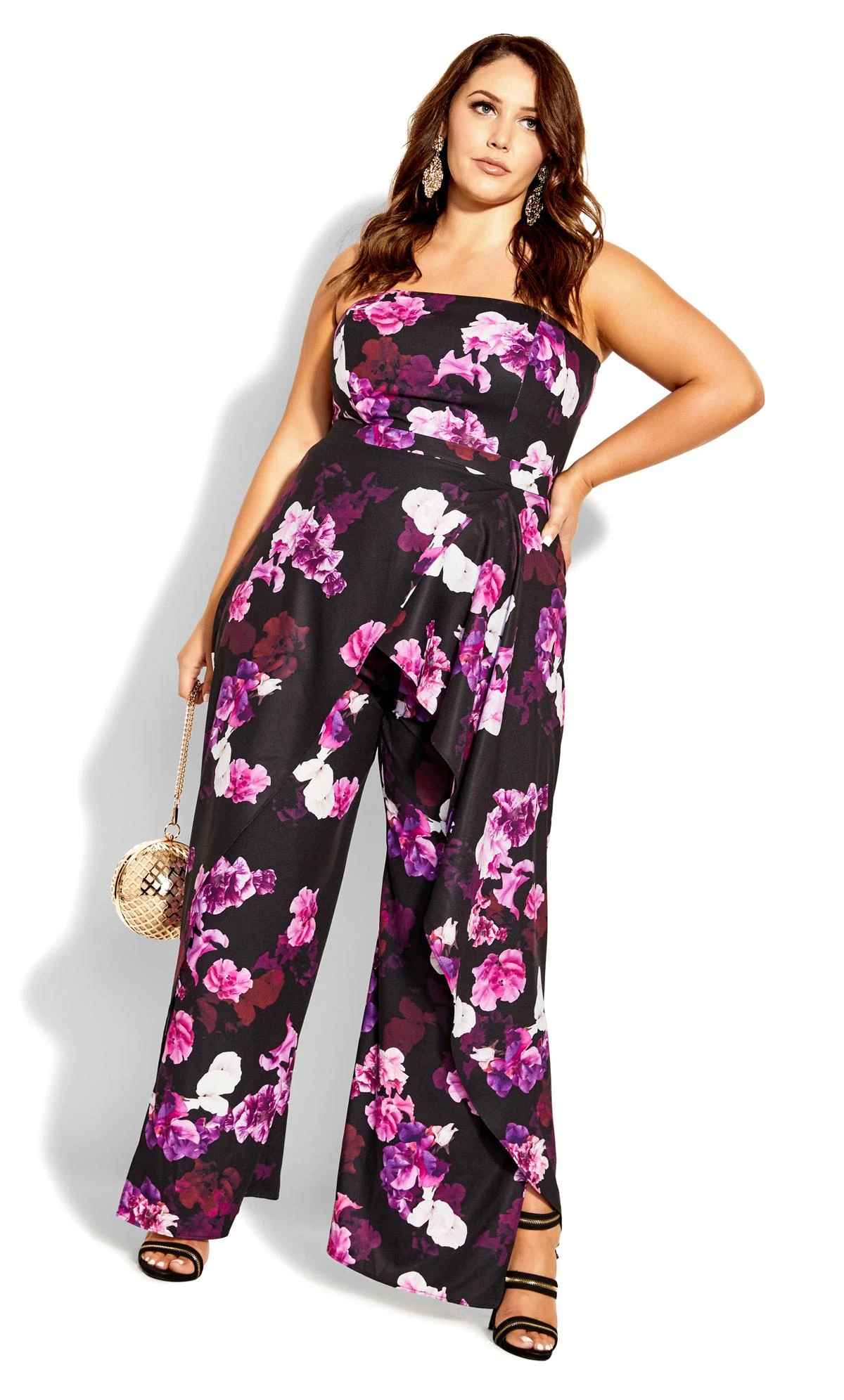 City Chic Black & Purple Floral Wide Leg Trousers