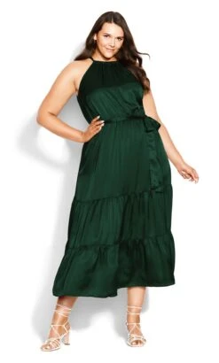 City Chic Green Satin Tiered Halterneck Maxi Dress