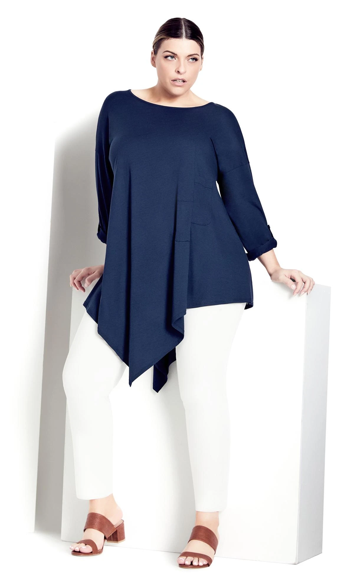 City Chic Isolde Roth Navy Plain Asymmetrical Pocket Top - Image 2