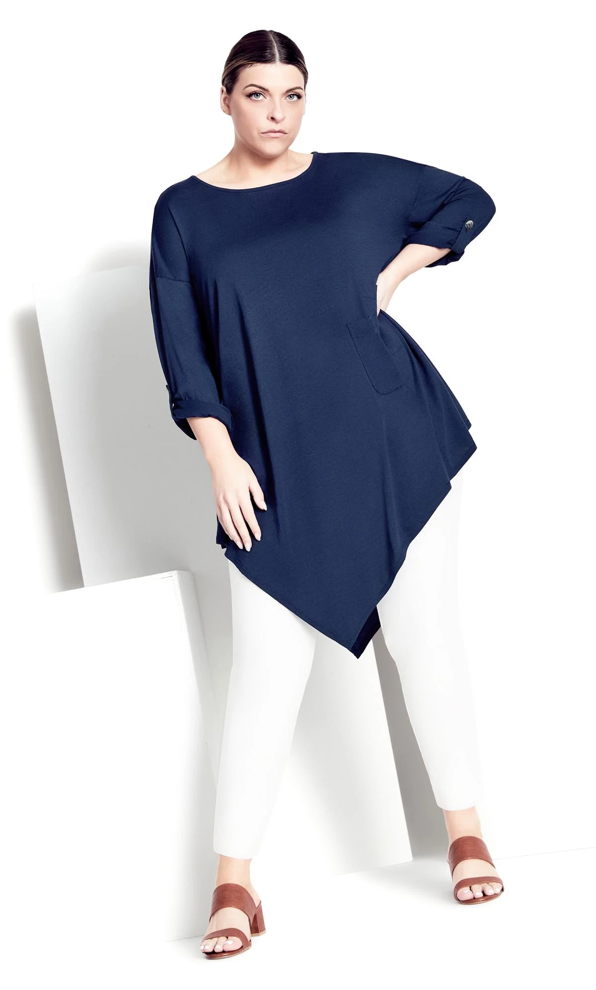 City Chic Isolde Roth Navy Plain Asymmetrical Pocket Top - Image 3