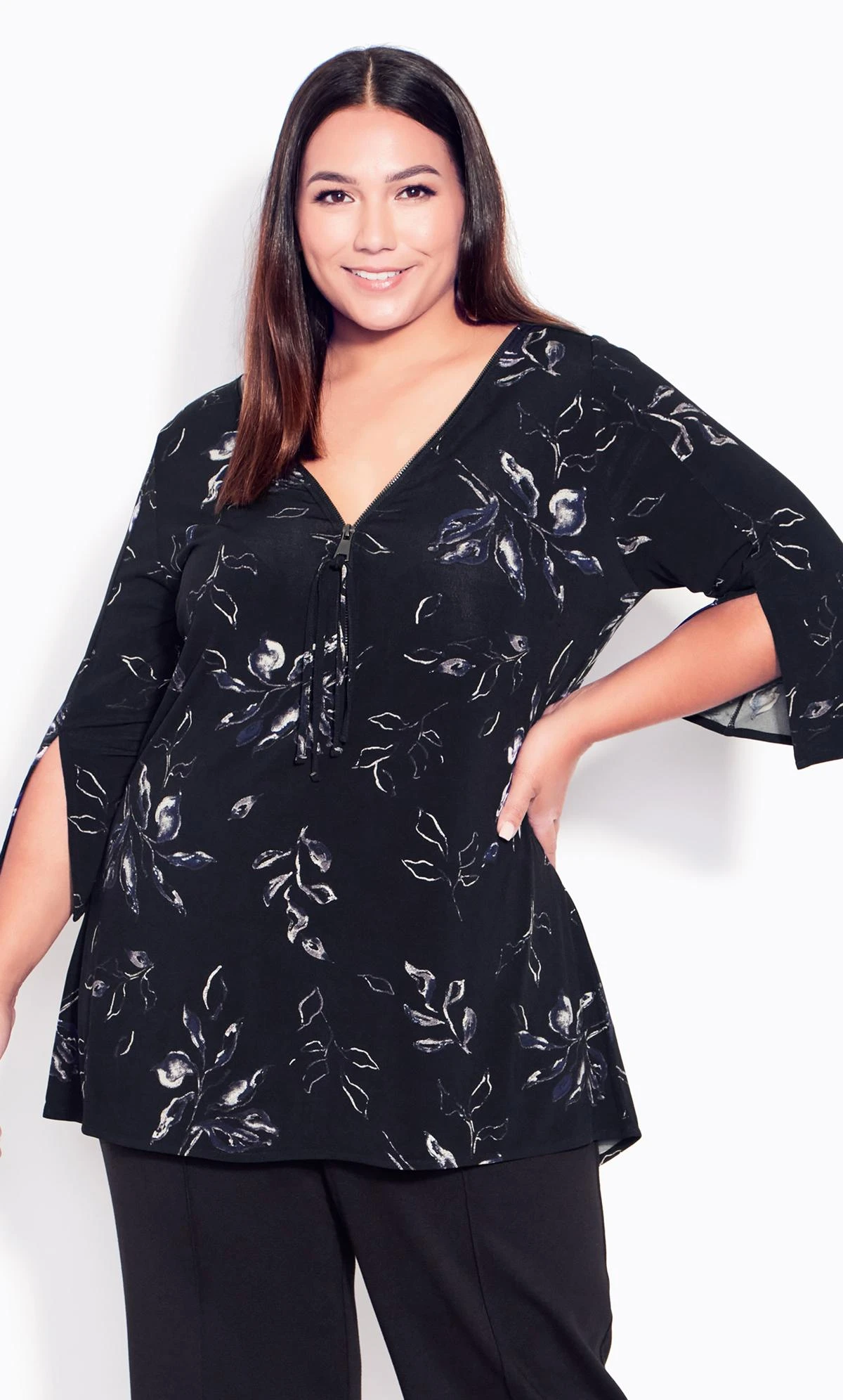 Avenue Black & Grey Floral Zip Front Split Sleeve Top - Image 2
