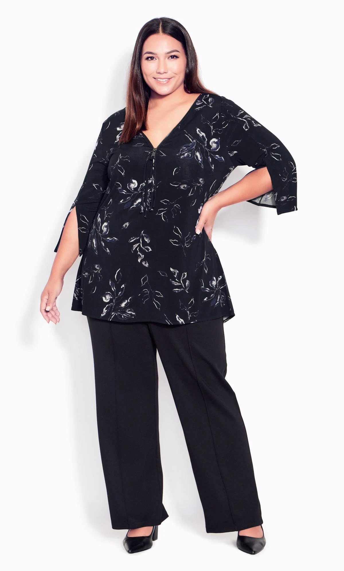 Avenue Black & Grey Floral Zip Front Split Sleeve Top