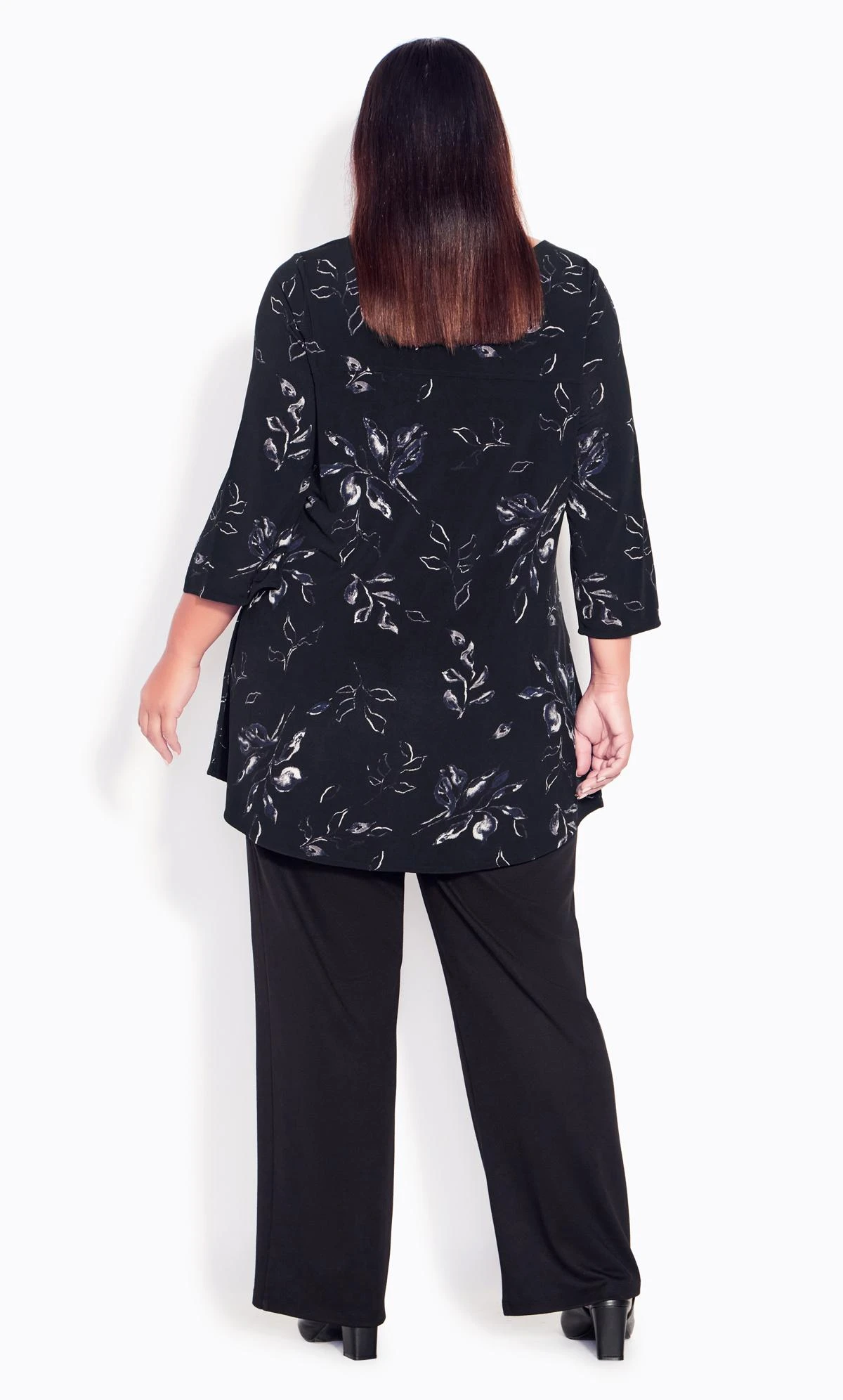 Avenue Black & Grey Floral Zip Front Split Sleeve Top - Image 4