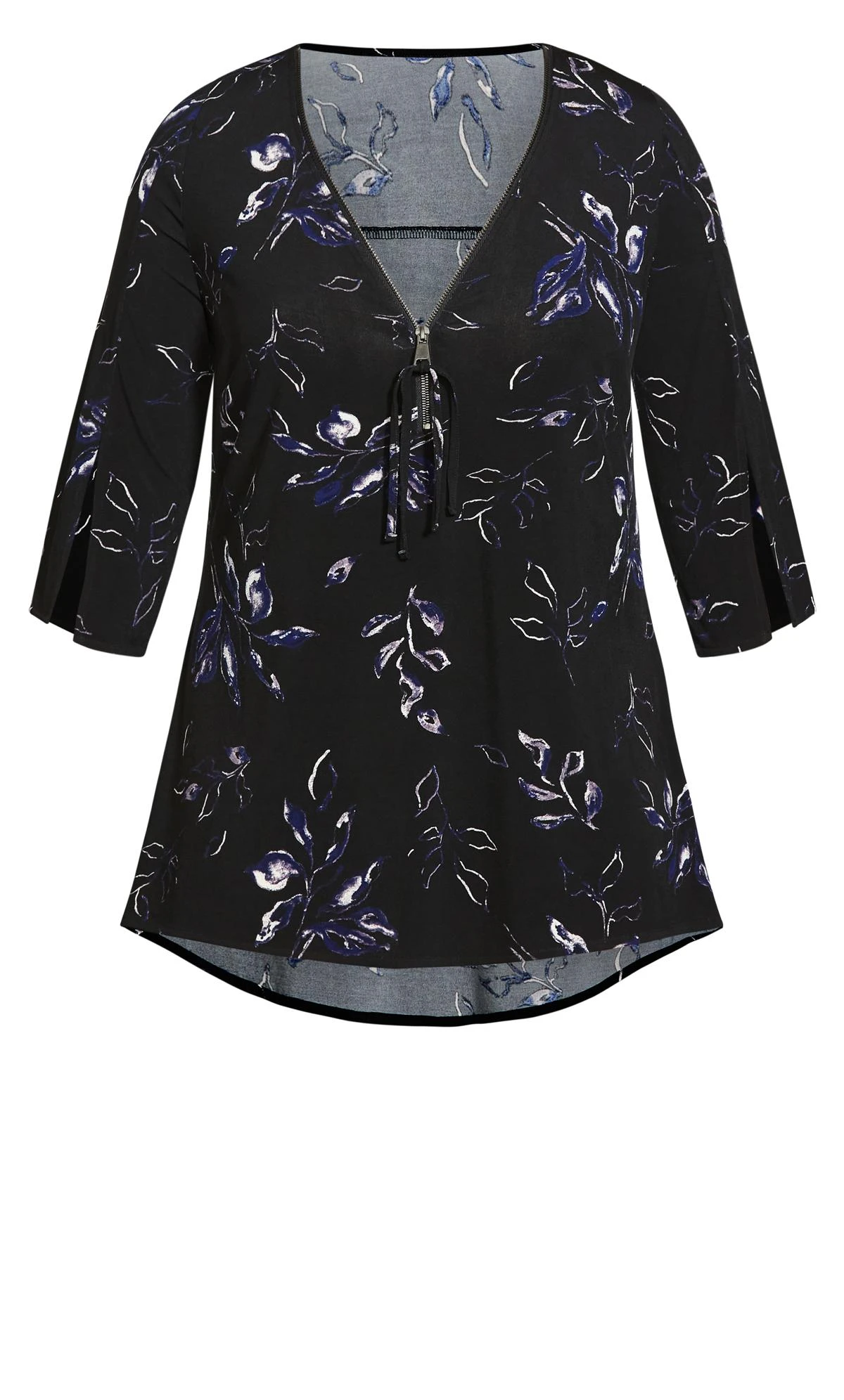 Avenue Black & Grey Floral Zip Front Split Sleeve Top - Image 5