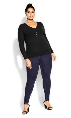 City Chic CCX Black Button Placket Long Sleeve Top