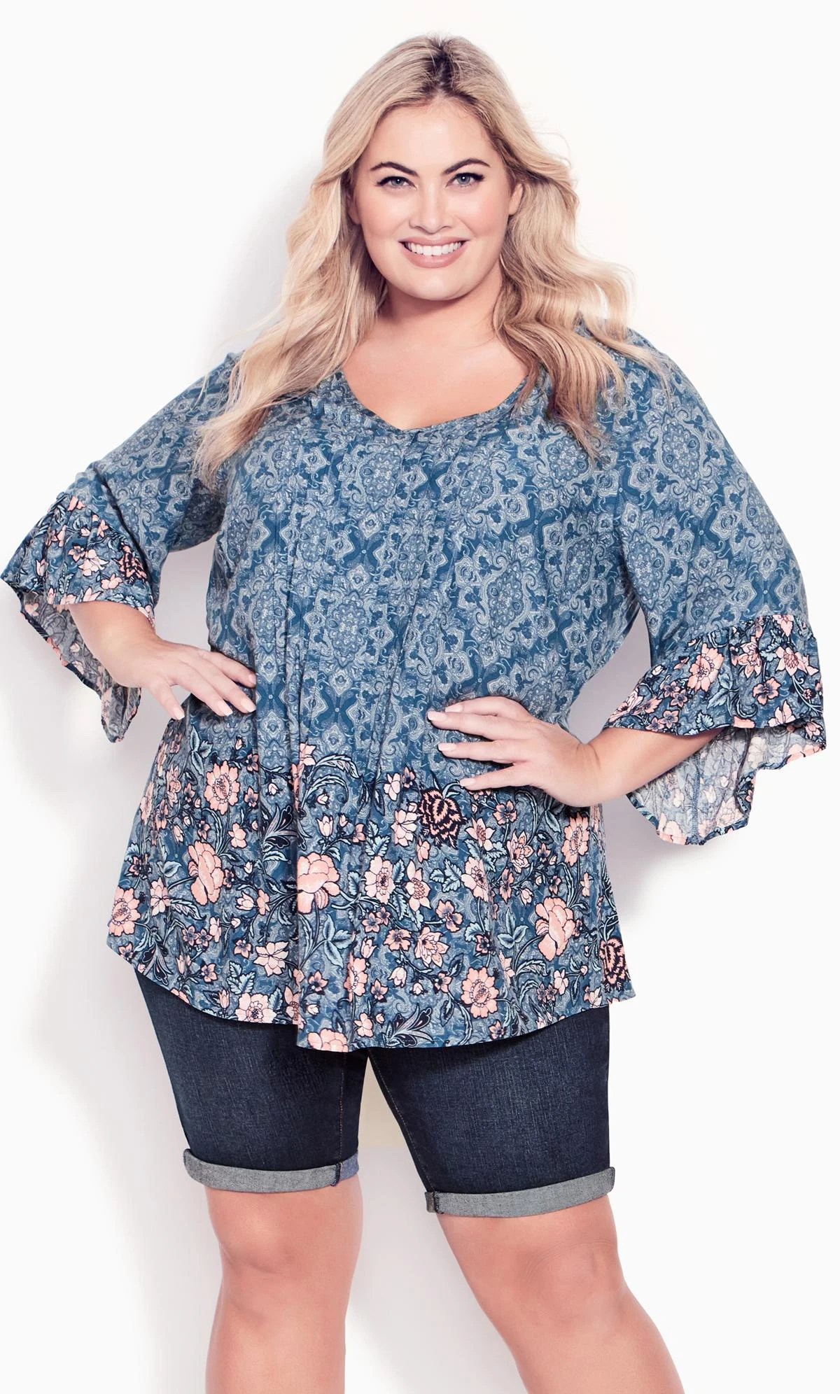 Avenue Blue Paisley Floral Border Print Hanky Hem Top