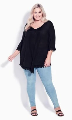 Avenue Black Pintuck Detail Lace Hem Top