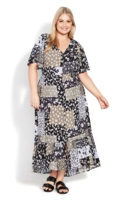 Evans Black Patchwork Floral Print Angel Sleeve Maxi Dress