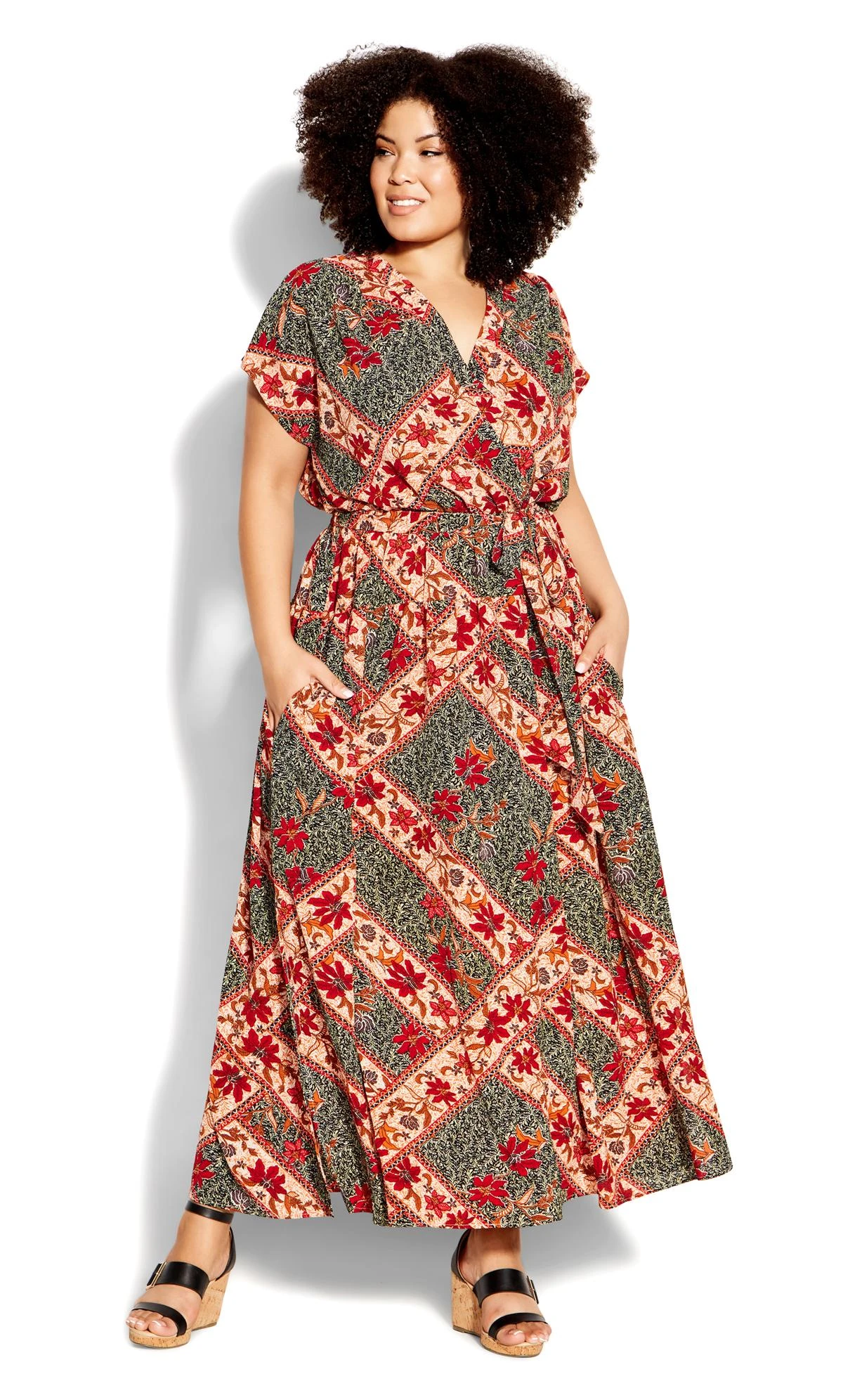 City Chic Orange Floral & Green Patchwork Print Maxi Dress