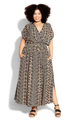 City Chic Brown Aztec Print Maxi Dress