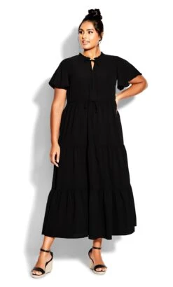 City Chic Black Tie Neck Smock Maxi Dress
