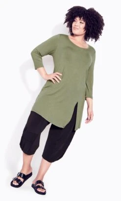 Avenue Khaki Green Split Front Long Sleeve Top