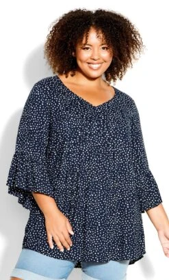 Avenue Navy Blue Spot Print Pintuck Top