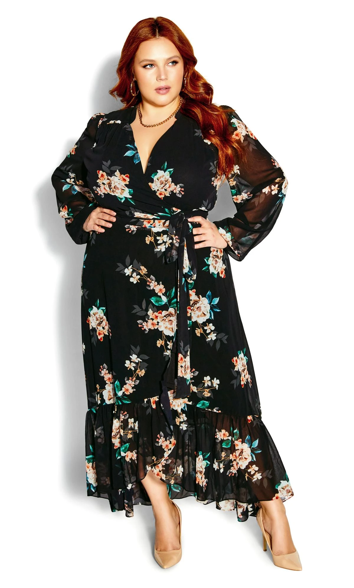 City Chic Black Floral Wrap Maxi Dress