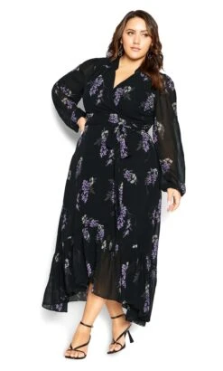 City Chic Black Wisteria Print Wrap Dress